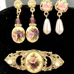 Vintage 1928 lot enamel broach style pin & two pairs of earrings